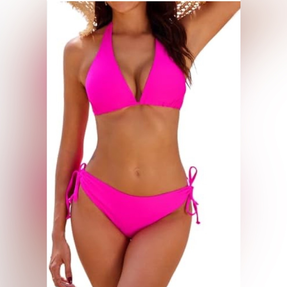 NWOT Vibrant Pink Halter Bikini‎ with Adjustable Side-Tie Bottoms